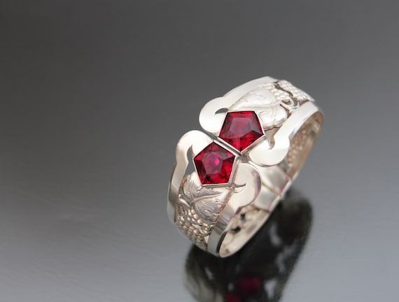 Jugendstil RODI & WIENERBERGER 835 Silver Ruby Bracelet. Antique Art Nouveau Hinged Cuff.