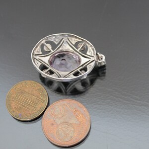 Ciondolo Art Déco in argento 835 con ametista. Collana vintage di marcasite e perle immagine 5