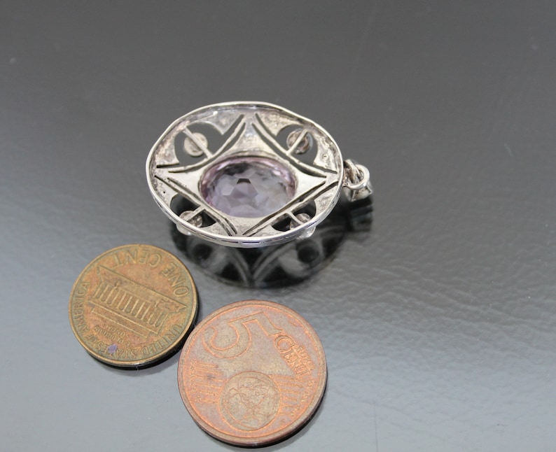 Ciondolo Art Déco in argento 835 con ametista. Collana vintage di marcasite e perle immagine 5