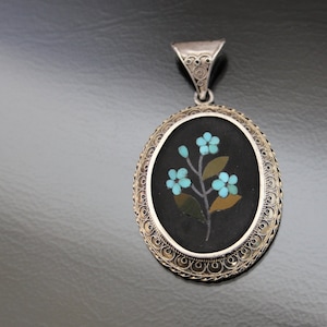 Victorian Italian Pietra Dura  800 Silver Locket. Antique Mosaic Photo Pendant