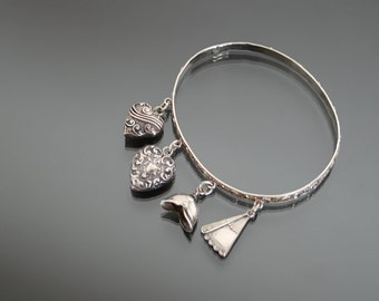 Victorian Charm Bangle. 900 Silver. Puffy Heart Love Token Antique Bracelet