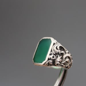 Art Deco Mens Signet Ring. Green Agate, 925 Sterling Silver, 935,  Size 9. Antique Fob Ring. Gentlemen&#39;s, For Him, Men.