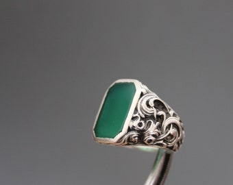 Art Deco Heren Signet Ring. Green Agate, Sterling Zilver 935, Maat 9. Antieke Fob Ring. Heren, Voor Hem, Mensen.