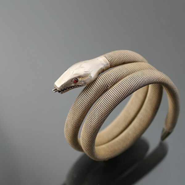 Art Deco Snake Bracelet. Woven 800 Silver Gilded Flexible. Egyptian Revival, Gold Plated Serpent