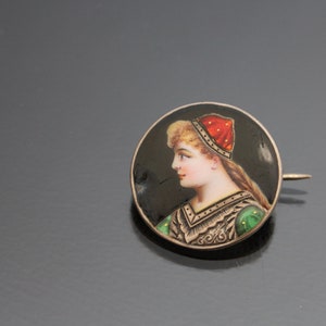 Antique Young Lady Miniature Painting Portrait. 835 Silver. Hand Painted Enamel Romantic Brooch.