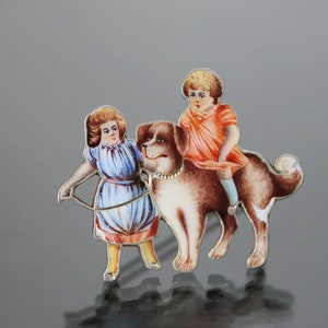 Antieke kinderst. Bernard hondenbroche. 925 sterlingzilver. Handbeschilderd email. Jugendstil-sieraden, jaren 1900 verzamelobjecten