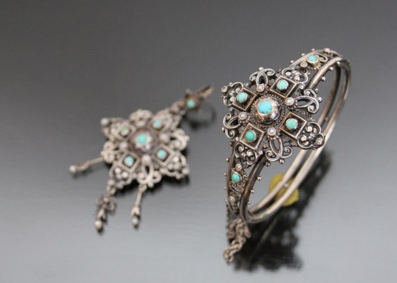 Victorian Neo-Reanaissance Turquoise Bangle and P… - image 1