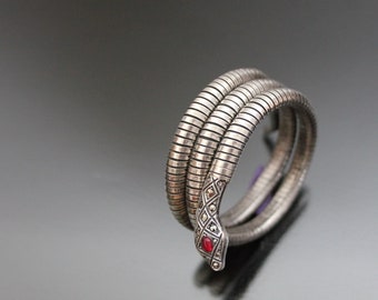 Art Deco Snake Bracelet. Garnet, Marcasite. Coiled Woven 835 Silver Flexible. Egyptian Revival, Serpent