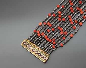Georgian Cut Steel, Coral And Enamel Choker Necklace. Anique Collier Du Chien