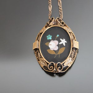 Victorian Italian Pietra Dura, Yellow Gold Plated Locket. Antique Mosaic Photo Pendant