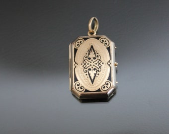 Victorian Black Enamel Locket. Rolled Yellow Gold 14k. Antique Photo Pendant. Taille d'Erpagne