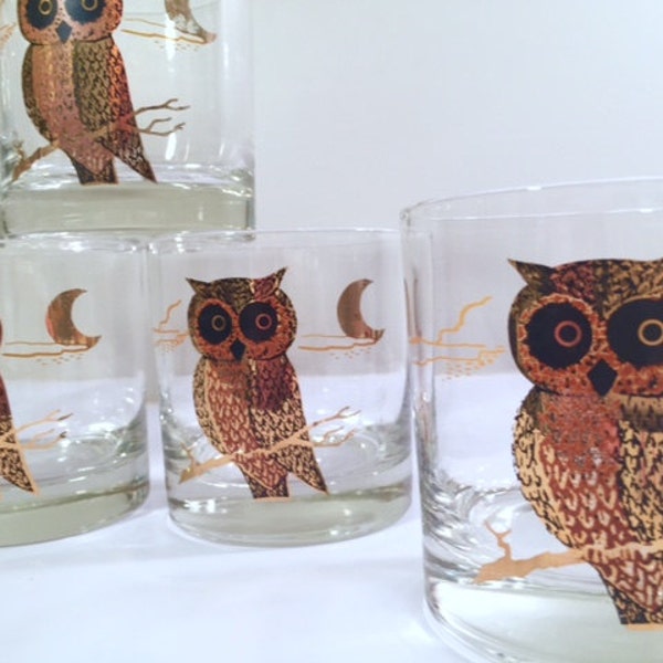 Vintage Mid-Century Black & 22-Karat Gold Couroc Retro Owl Old Fashion Glasses (Set of 6)