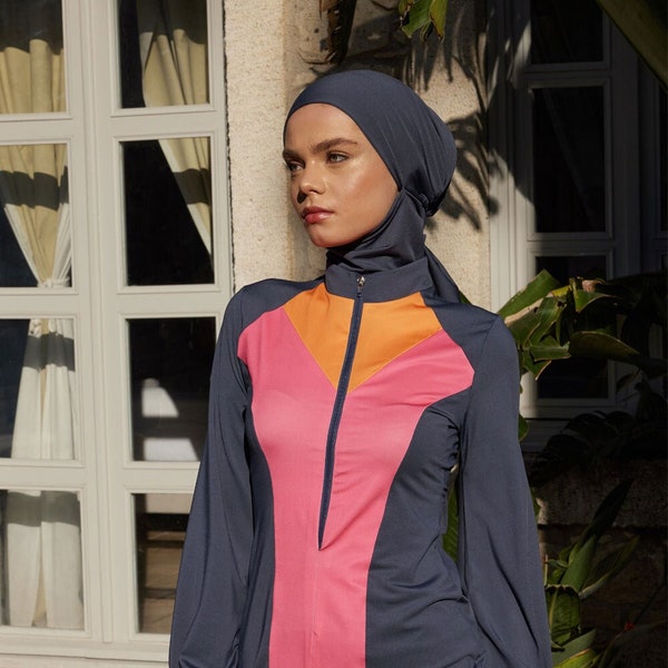 One Piece Burkini Top, Modest Swimsuit, Islamic Swimwear Sport Style, Colorful Muslim Swimwear