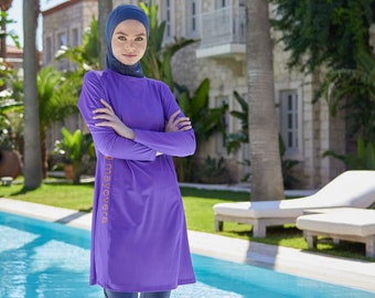 One Piece Burkini Top, Burkini Swimwear, Modest Swimsuit, Islamic Swimwear Logo-Embroided Purple Top Swimwear