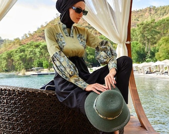 Clover Style Designer Muslim Swimwear, 5 pieces burkini set, modest beachwear, modern patterned islamic swimsuit