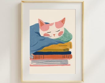 sleeping cat on books wall art printable, cat lover decor, cozy reading aesthetic print, book lover wall art, cute cat poster