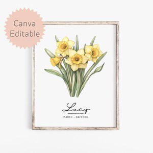March Daffodil Birth Flower, Custom Name Digital Art Print, Floral Wall Decor, Custom Gift for Birthdays, Nursery Wall Decor