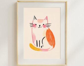 Whimsical Cat Art Print, Hand-Drawn Playful Pet Illustration (Digital Download)