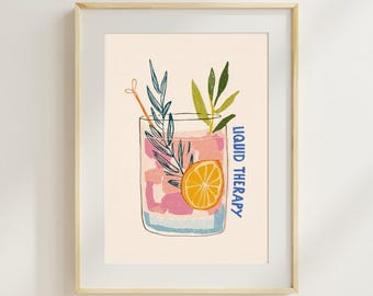 Cocktail Wall Art, Liquid Therapy Quote, Modern Bar Cart Decor (Digital Download)