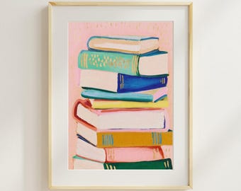 pastel book stack wall art printable, book lover decor, reading aesthetic print, cozy library wall art, colorful poster