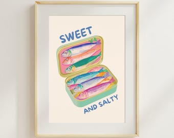 retro sardine tin wall art printable, sweet and salty kitchen decor, colorful food illustration, quirky kitchen print, vintage style poster