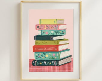 Book Stack Wall Art Printable, Book Lover Gift, Reading Nook Decor, Library Wall Art, Colorful Books Print, Bookish Printable Art