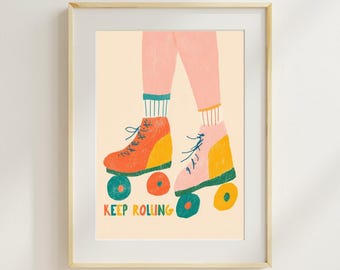 Lámina decorativa retro de patines para imprimir, lámina con la frase "Sigue rodando", decoración motivacional colorida, decoración para la habitación de adolescentes, póster de estilo vintage