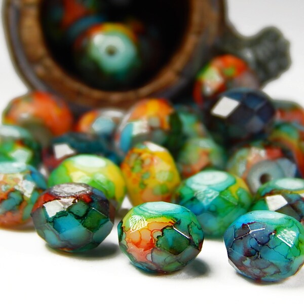 20 Pcs - 6x8mm Marble Picasso Glass Beads - Multicolor - Faceted - Rondelle - Jewelry Supplies