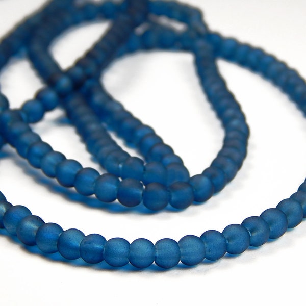 15 Inch Strand - 4mm Round Marine Blue Frosted Sea Glass Beads - Glass Beads - Matte Beads - Spacer Beads - Jewelry Supplies