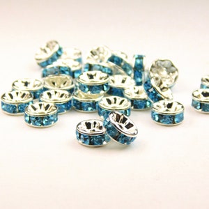 20 Pcs - 8mm Brass Crystal Rondelle Spacer Beads - Sky Blue - Rhinestone Spacer - Metal Spacer Beads - Jewelry Supplies