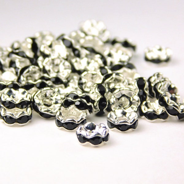 40 Pcs - 6mm Wavy Edge Brass Crystal Rondelle Spacer Beads - Black - Rhinestone Spacer - Metal Spacer Beads - Jewelry Supplies