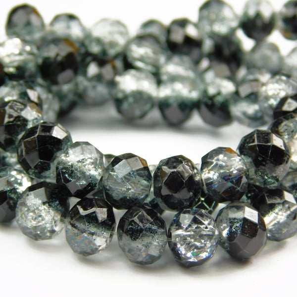 16 Inch Strand - 6x8mm Transparent Multicolor Crackle Glass Beads - Black Ice - Faceted - Rondelle - Jewelry Supplies
