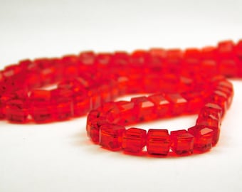 8 Inch Strand - 4mm Faceted Red Glass Cube Beads - Cube Spacer Beads - Square Beads - Jewelry Supplies - Craft Supplies
