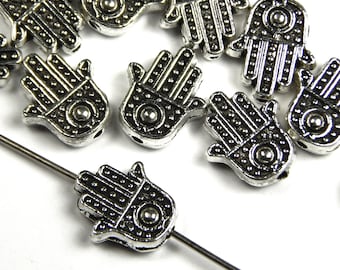 20 piezas - 12x10x4mm cuentas de mano de Hamsa de plata antigua - Mano de Fátima - Cuentas espaciadoras - Suministros de joyería - Suministros de artesanía