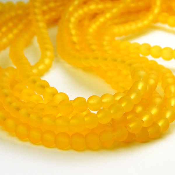 15 Inch Strand - 4mm Round Yellow Frosted Sea Glass Beads - Glass Beads - Matte Beads - Spacer Beads - Jewelry Supplies