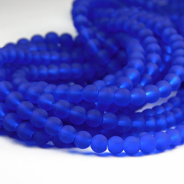 15 Inch Strand - 4mm Round Cobalt Blue Frosted Sea Glass Beads - Glass Beads - Matte Beads - Spacer Beads - Jewelry Supplies