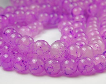 15 Inch Strand - 8mm Round Transparent Orchid Purple Marble Glass Beads - Jewelry Supplies - Craft Supplies