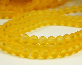 15 Inch Strand - 6mm Round Yellow Frosted Sea Glass Beads - Glass Beads - Matte Beads - Spacer Beads - Jewelry Supplies