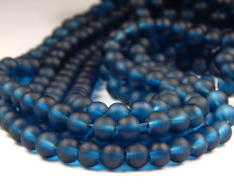 15 Inch Strand - 6mm Round Marine Blue Frosted Sea Glass Beads - Glass Beads - Matte Beads - Spacer Beads - Jewelry Supplies