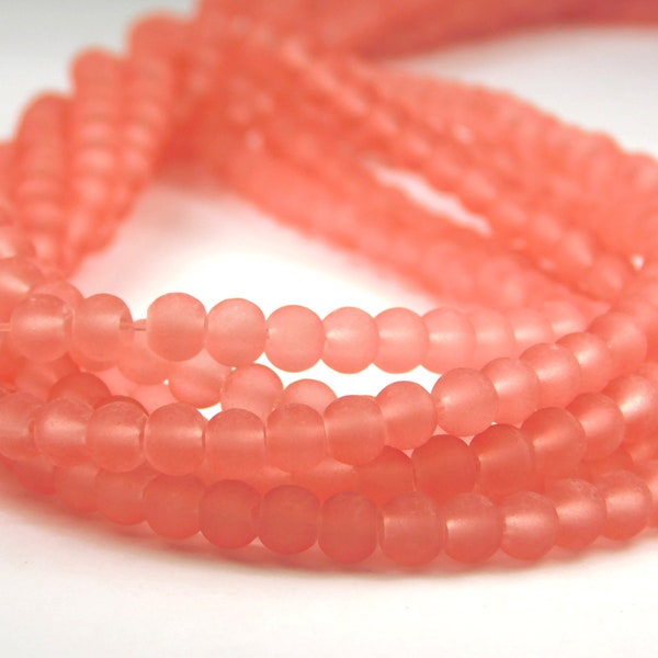 15 Inch Strand - 4mm Round Salmon Pink Frosted Sea Glass Beads - Glass Beads - Matte Beads - Spacer Beads - Jewelry Supplies