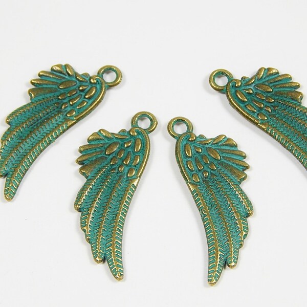 4 Pcs - 18x10mm Bronze Wing Charms With Green Patina - Bronze Charms - Jewelry Supplies