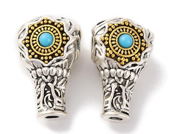 2 Pcs - 20x12x10.5mm Tibetan Silver-Gold-Turquoise 3 Hole Guru Beads - Mala Beads - Metal Spacer Beads - Jewelry Supplies