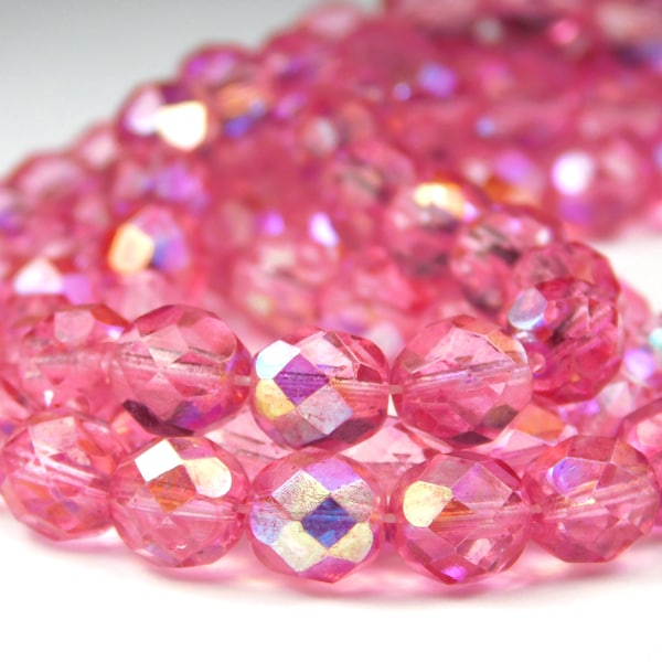 25 Pcs - 8mm Czech Glass Fire Polished Beads - Pink AB - Faceted Round - Jewelry Supplies - Craft Supplies