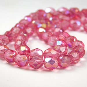 40 Pcs - 6mm Czech Glass Fire Polished Beads - Rose Pink AB - Faceted Round - Jewelry Supplies - Craft Supplies