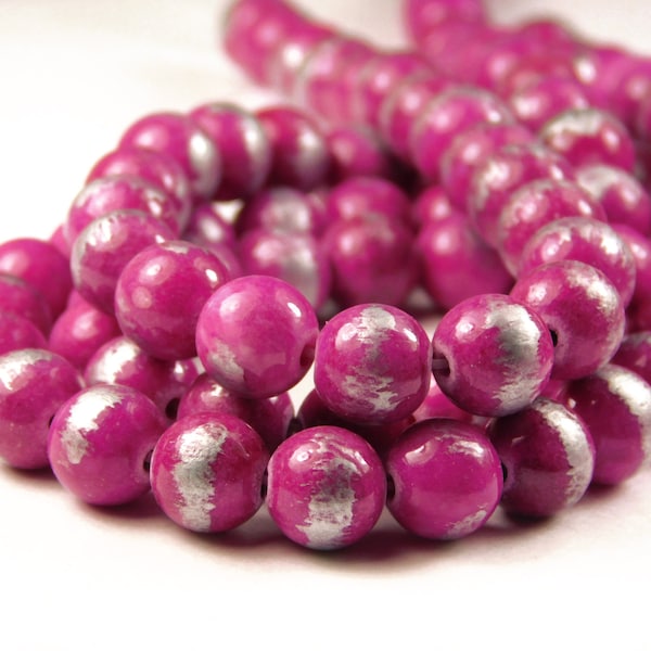 15 Inch Strand - 8mm Brushed Silver Jade Beads - Magenta And Silver - Gemstone Beads - Jewelry Supplies - Craft Supplies