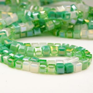 14 Inch Strand - 4mm Faceted Green AB Mix Electroplated Glass Cube Beads - Cube Spacer - Square Beads - Jewelry Supplies