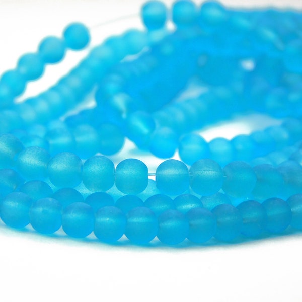 15 Inch Strand - 4mm Round Turquoise Blue Frosted Sea Glass Beads - Glass Beads - Matte Beads - Spacer Beads - Jewelry Supplies