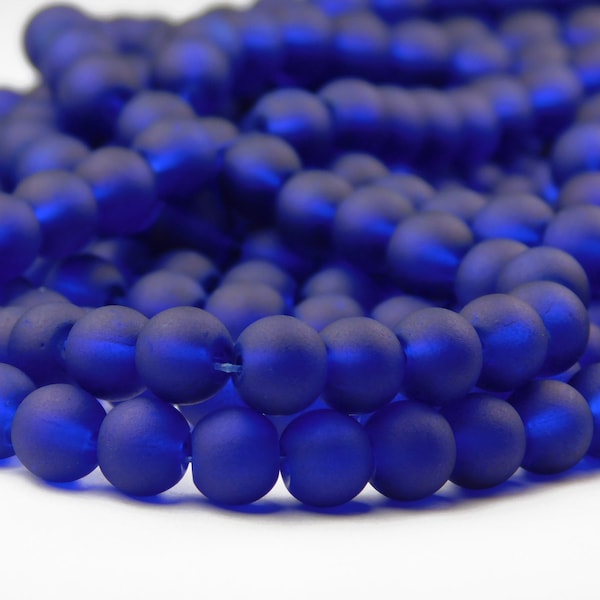 15 Inch Strand - 6mm Round Cobalt Blue Frosted Sea Glass Beads - Glass Beads - Matte Beads - Spacer Beads - Jewelry Supplies