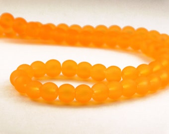15 Inch Strand - 6mm Round Orange Frosted Sea Glass Beads - Glass Beads - Matte Beads - Spacer Beads - Jewelry Supplies