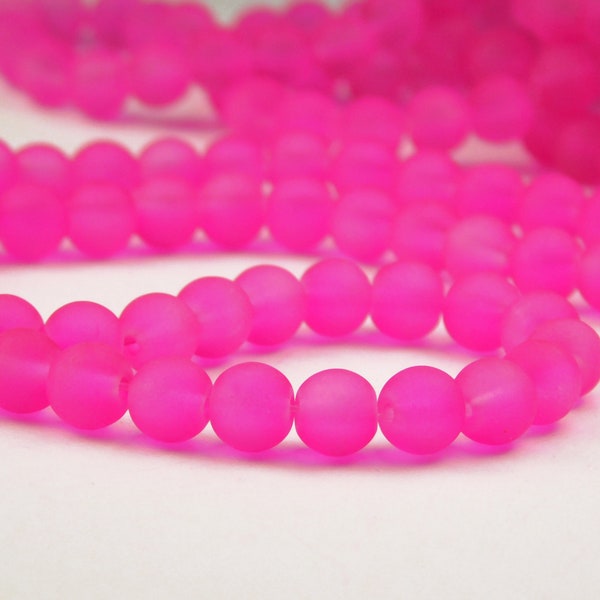 15 Inch Strand - 6mm Round Hot Pink Frosted Sea Glass Beads - Glass Beads - Matte Beads - Spacer Beads - Jewelry Supplies